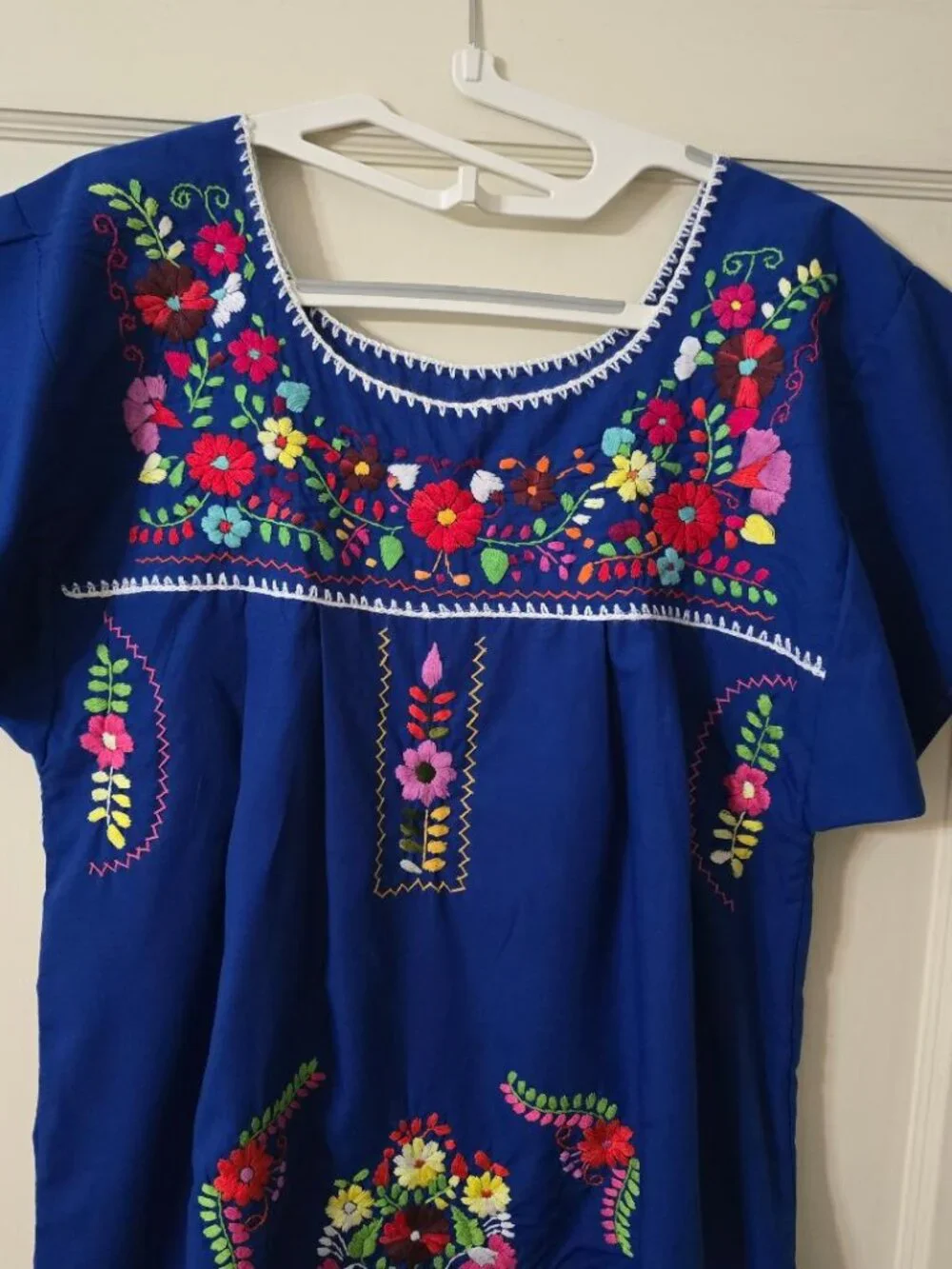 L Traditional Mexican Multi Floral Embroidery Dress in Cobalt Blue Cap Sleeve